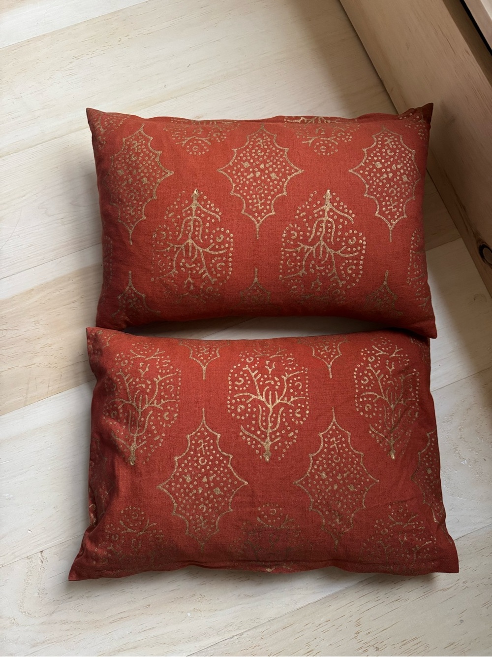 Pair of John Robshaw 12x18 Lumbar Pillow Covers Gold Block Print Linen Cotton